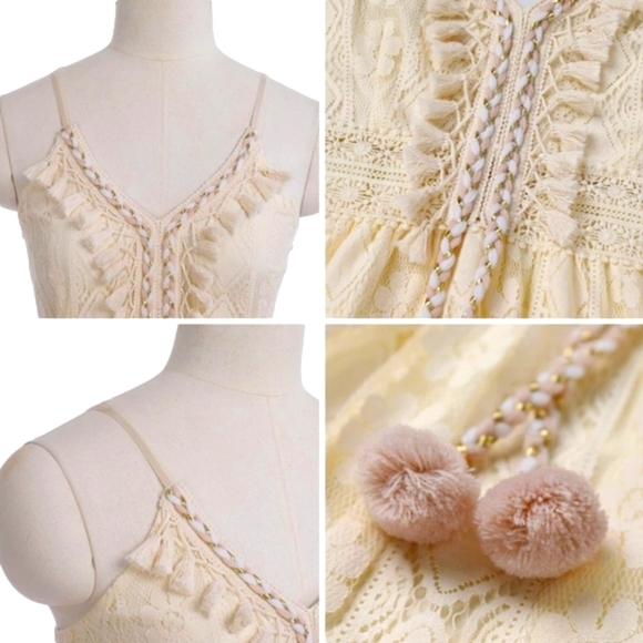 Women's Cream Floral Lace Hi-Low Dress Casual Boho Flowy Tassel Tahitian Dress - Picture 7 of 11